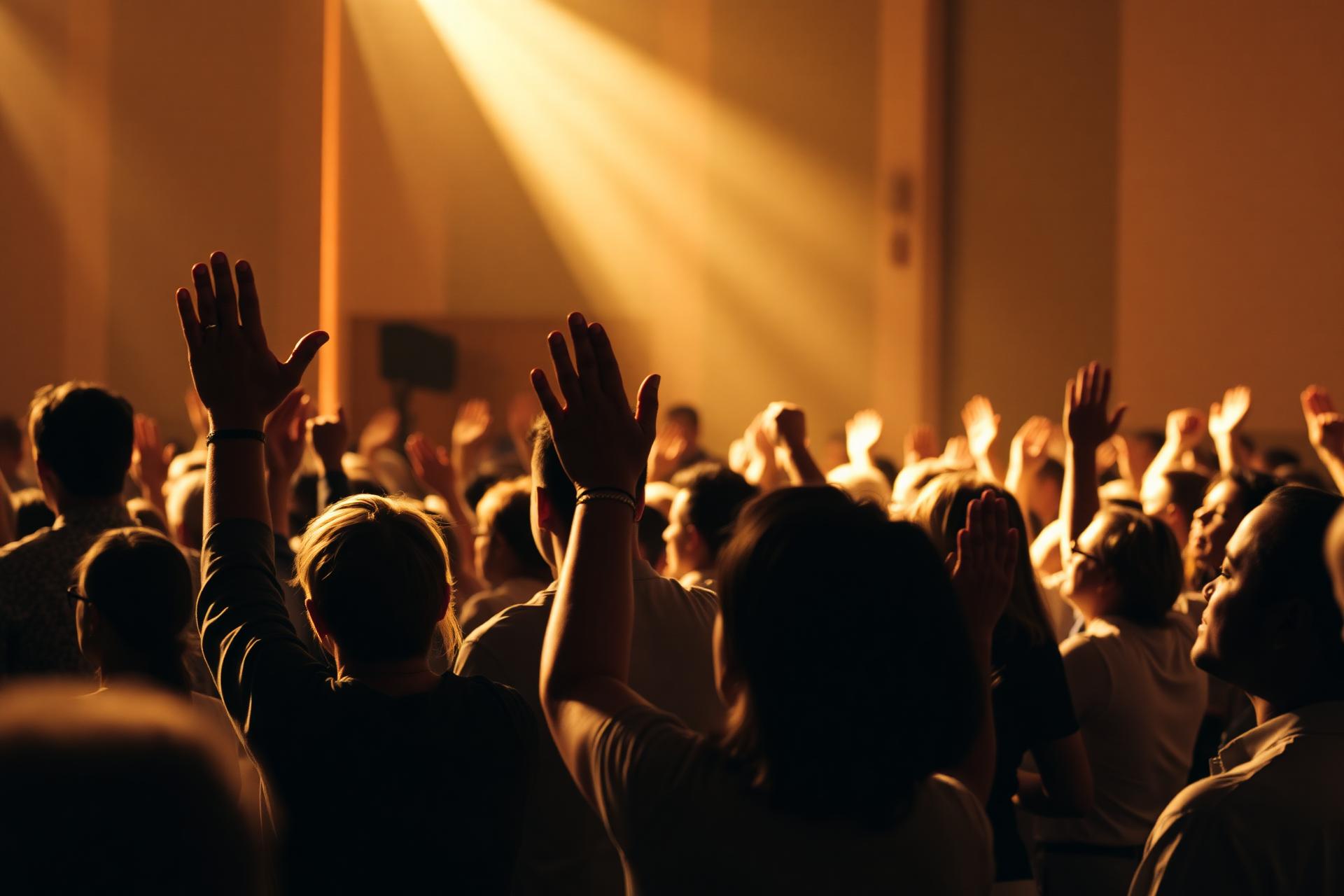 Congregation worshipping with hands raised